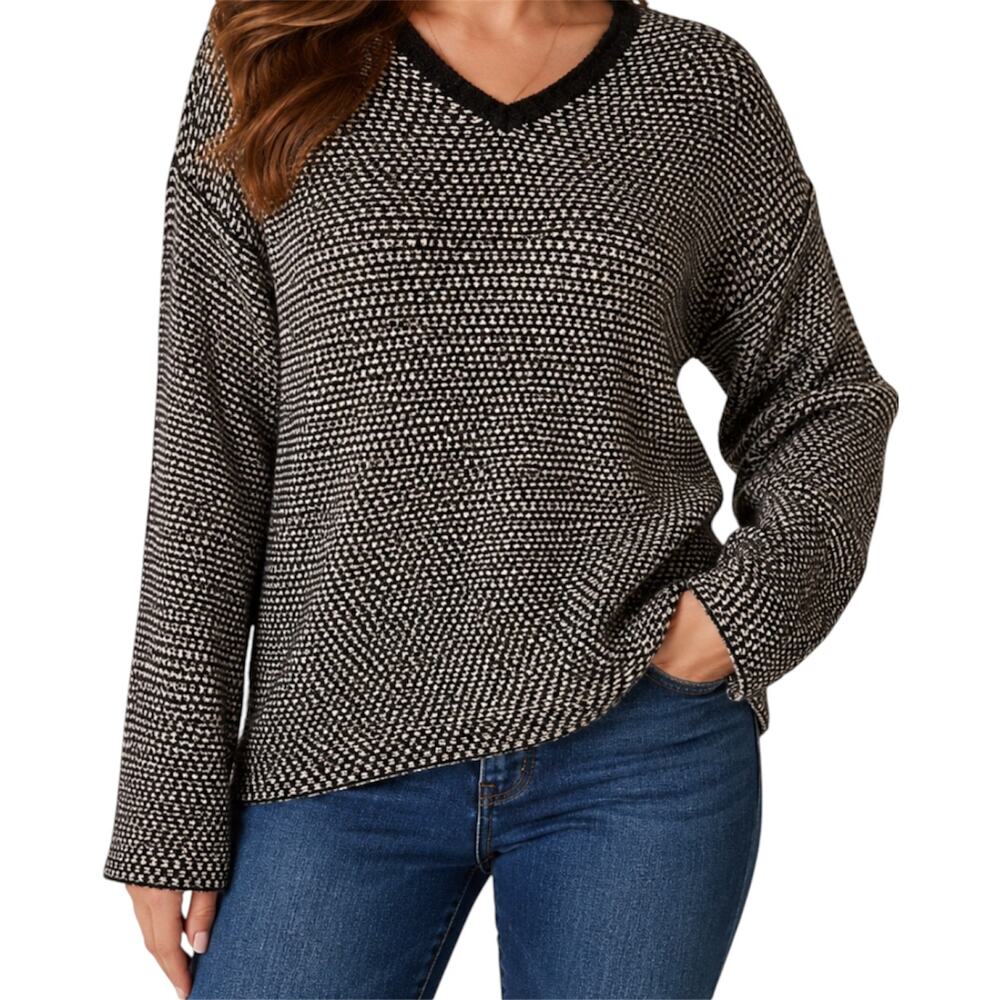 J. Crew Always 100% Wool Sweater V-Neck Honeycomb Knit Black Tan Large